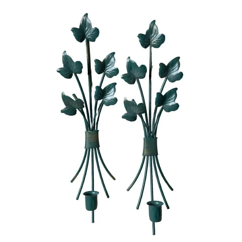 Home Interiors Pair Of Green Metallic Wall Sconce Single Candle Tapered Holder
